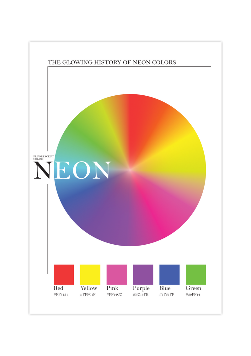 Das Poster zeigt dir ein Farbrad mit verschiedenen Neon-Farben. Darunter Neon Rot, Neon Pink, Neon Lila, Neon Blau, Neon Gelb und Neon Grün.