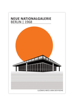Dieses Poster zeigt die Neue Nationalgalerie im Bauhausstil, das Gebäude wurde von Ludwig Mies van der Rohe entworfen und 1968 in Berlin eröffnet.