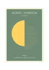 Das Poster im skandinavischen Stil zeigt dir zwei versetzte Hälften eines Kreises in Gelb. Das Poster ist mit den Worten "Nordic Exhibition" und auf Schwedisch mit " liv och natur" überschrieben.