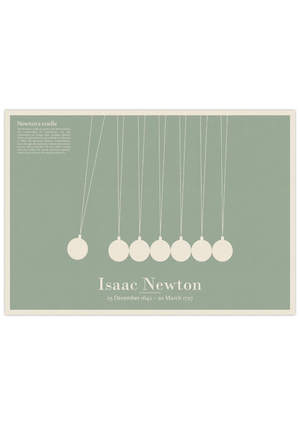Dieses naturwissenschaftliche Poster zeigt dir ein Kugelstoßpendel, auch Kugelpendel, Newtonpendel oder Newton-Wiege genannt in minimalistischer Darstellung inklusive dem Namen Isaac Newton, sein Geburtsdatum und Todesdatum sowie einer Erklärung. 