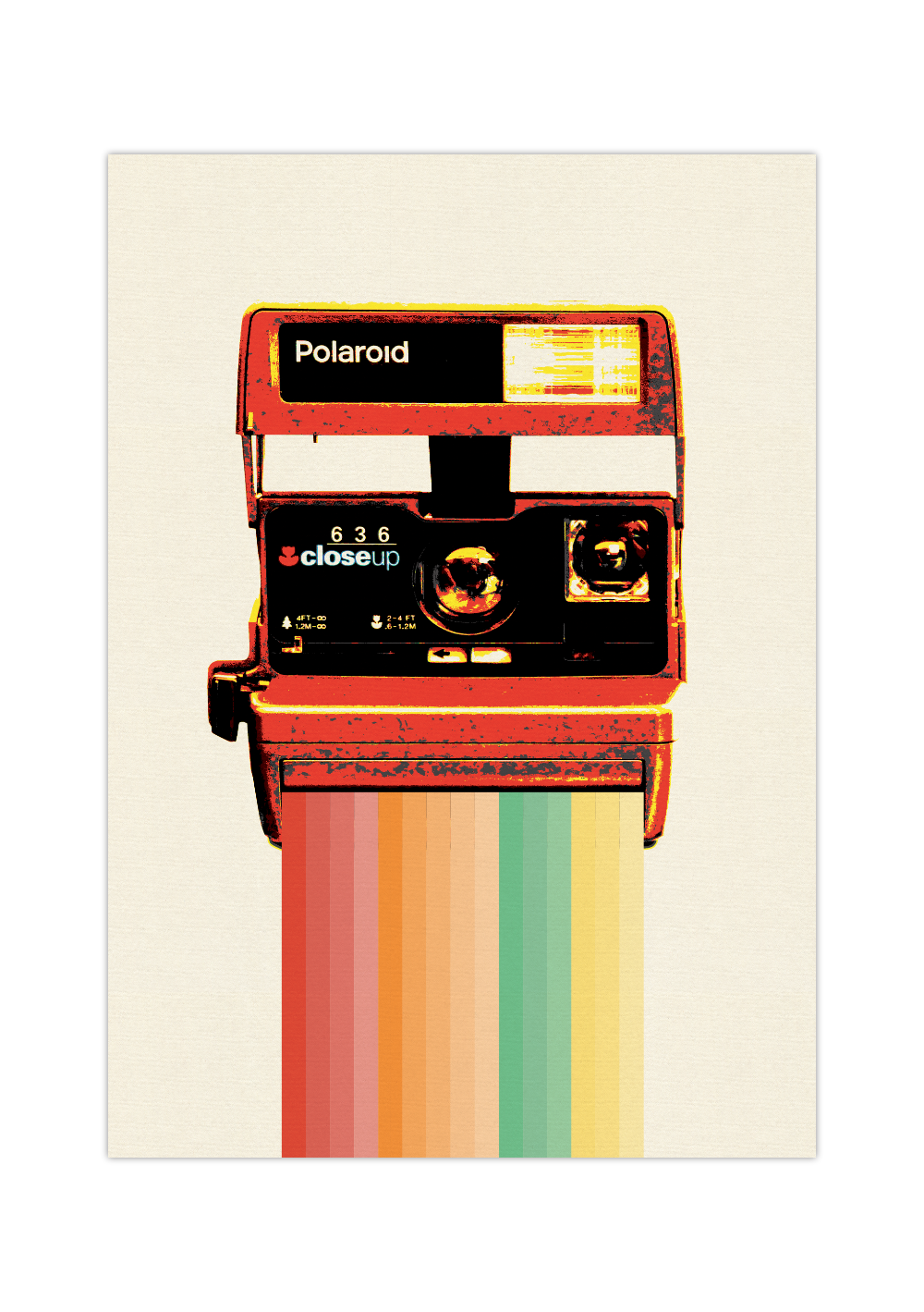 Das Poster zeigt eine alte Polaroidkamera mit einem Regenbogen als Bildausgabe. 