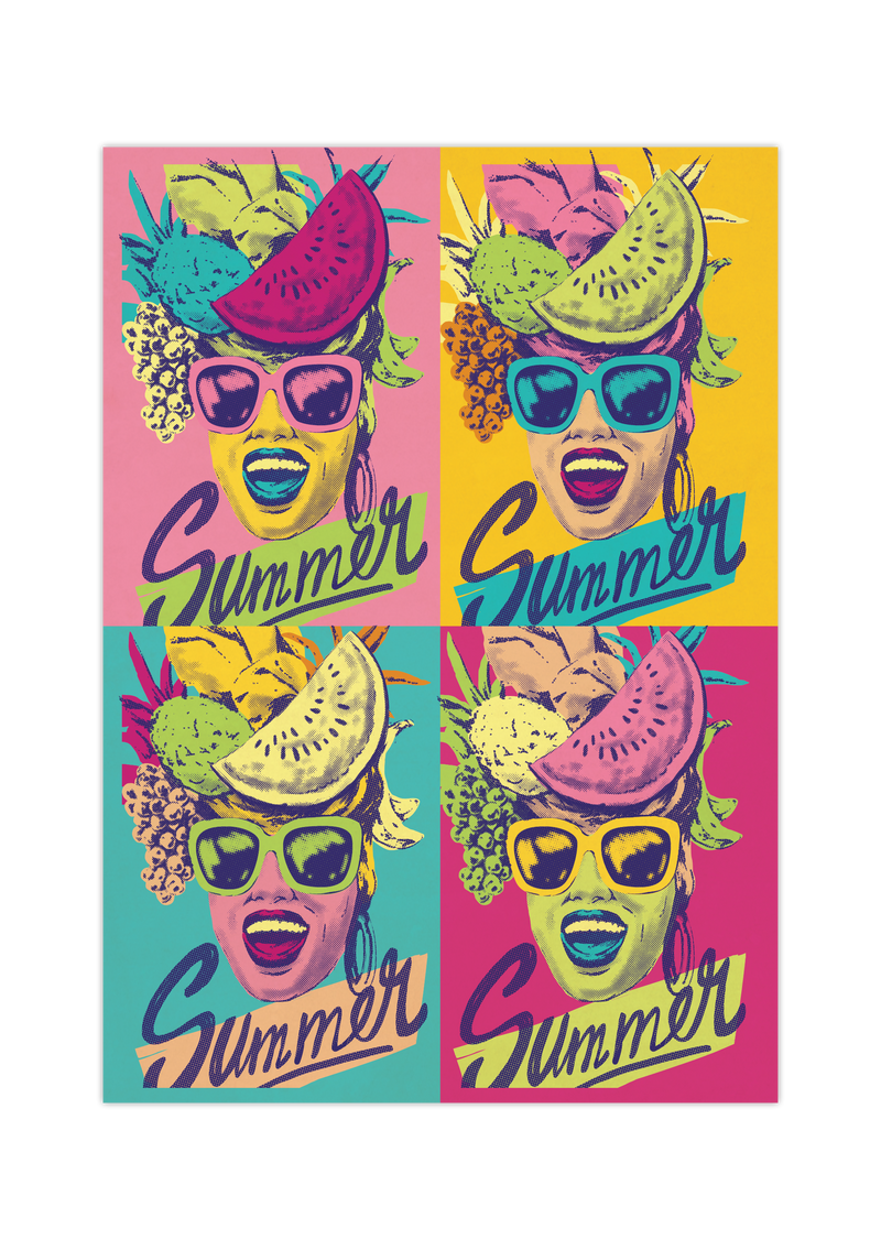 Das Pop Art Poster zeigt eine Frau mit Obsthut und der Bildunterschrift Summer.