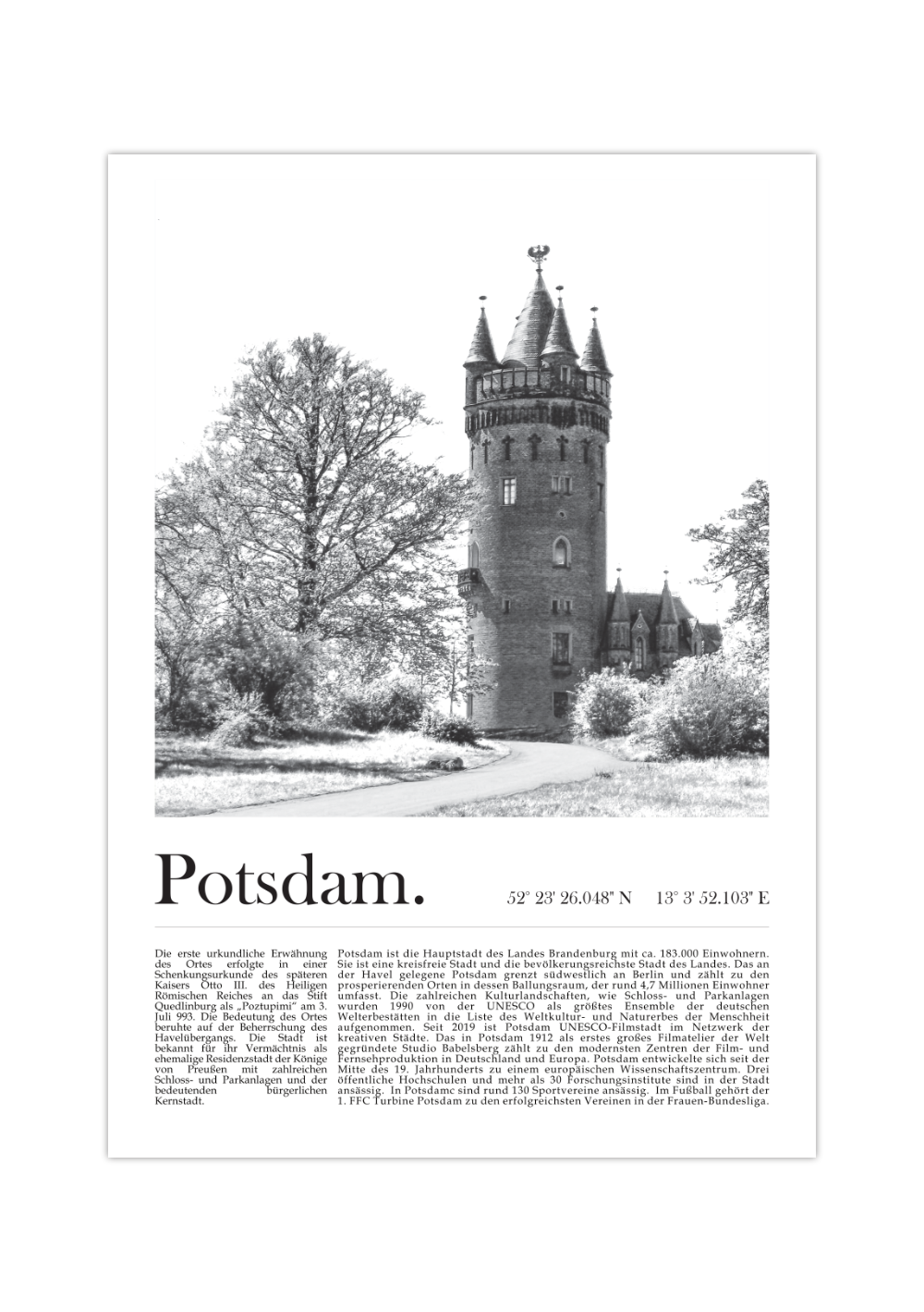 Dieses Poster zeigt dir in Schwarz Weiß eine Fotografie des Flatowturm im Stadtteil Babelsberg der Landeshauptstadt Potsdam in Brandenburg. 
