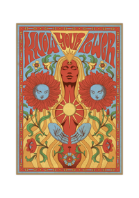 Das Poster zeigt dir im Stil der 70er-Jahre eine Frau und zwei Blumen 