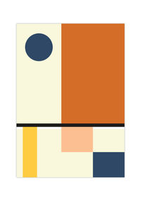Dieses Poster zeigt dir eine moderne, geometrische Darstellung in Orange, Blau, Gelb und Beige. 