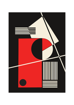 Das Poster zeigt eine abstrakte, geometrische Darstellung in Rot und Beige mit schwarzem Hintergrund.