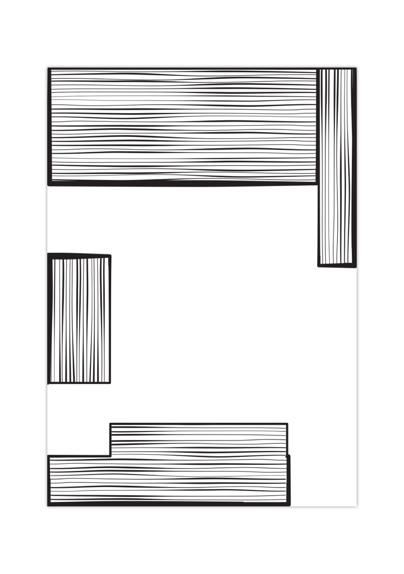 Dieses Poster zeigt dir eine moderne, minimalistische, geometrische Darstellung von grauen Rechtecken mit verschieden starken Strichen.