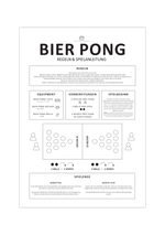 Dias Poster zeigt dir in schwarz und weiß die Regeln und eine Spielanleitung für das Kultspiel Bier Pong oder Beer Pong auf deutsch.