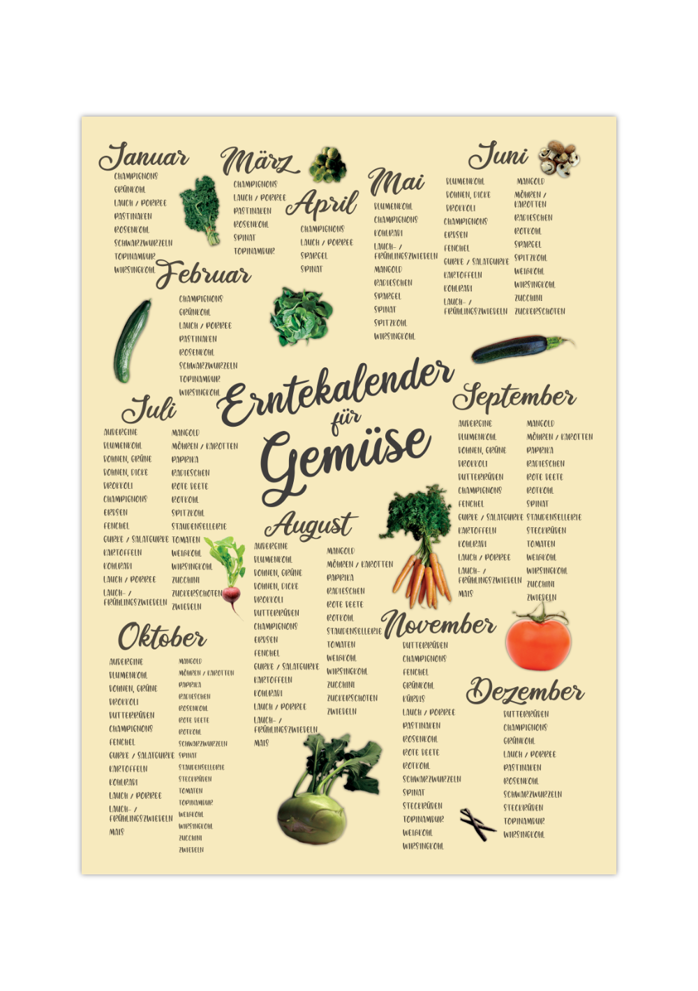 Das Poster zeigt dir einen Erntekalender für Gemüse, geordnet nach Monaten in beige.