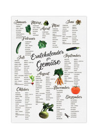 Das Poster zeigt dir einen Erntekalender für Gemüse, geordnet nach Monaten in weiß.