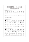 Das Poster zeigt einen Saisonkalender für Obst, Salat und Gemüse, inklusive Angabe in welchem Monat geerntet wird, passt ideal in deine Küche oder Gartenhaus. 