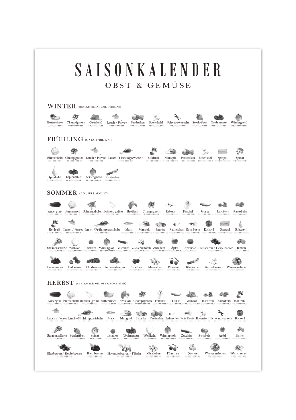 Das Poster zeigt einen Saisonkalender für Obst, Salat und Gemüse, inklusive Angabe in welchem Monat geerntet wird, passt ideal in deine Küche oder Gartenhaus. 