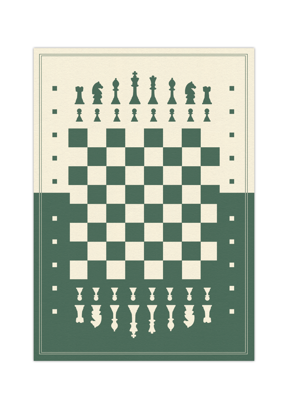 Das Poster zeigt dir ein in Grün und beige dargestelltes Schachbrett. Die ideale Wanddeko für alle die Schach lieben. Ob Schachspielerin oder Schachspieler.