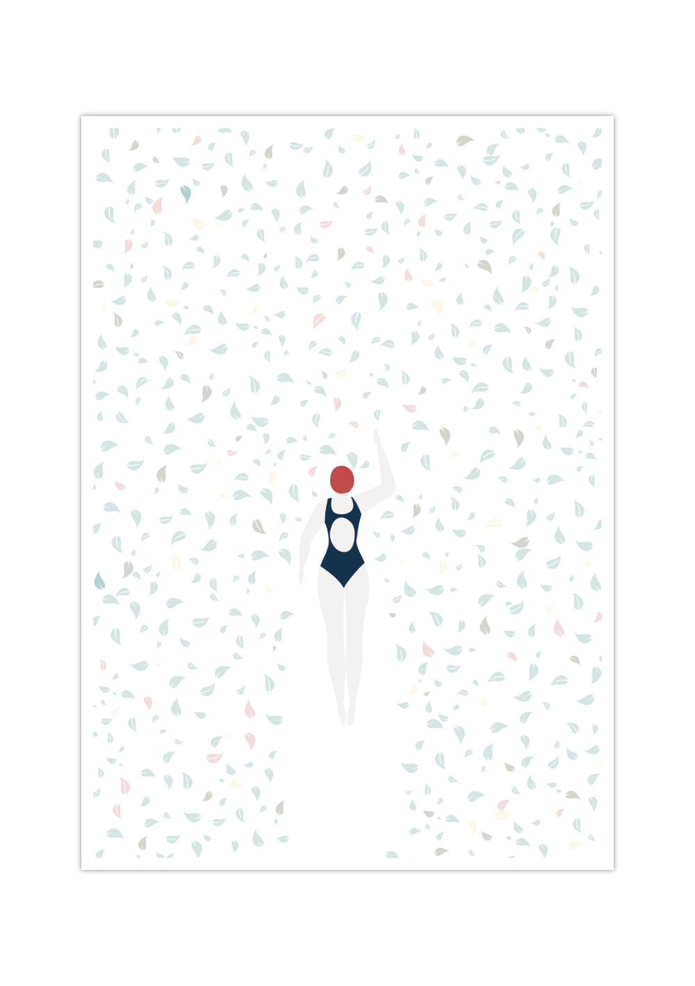 Dieses coole Poster zeigt dir eine schwimmende Frau in einem Meer von Blätter in verschiedenen Farben.