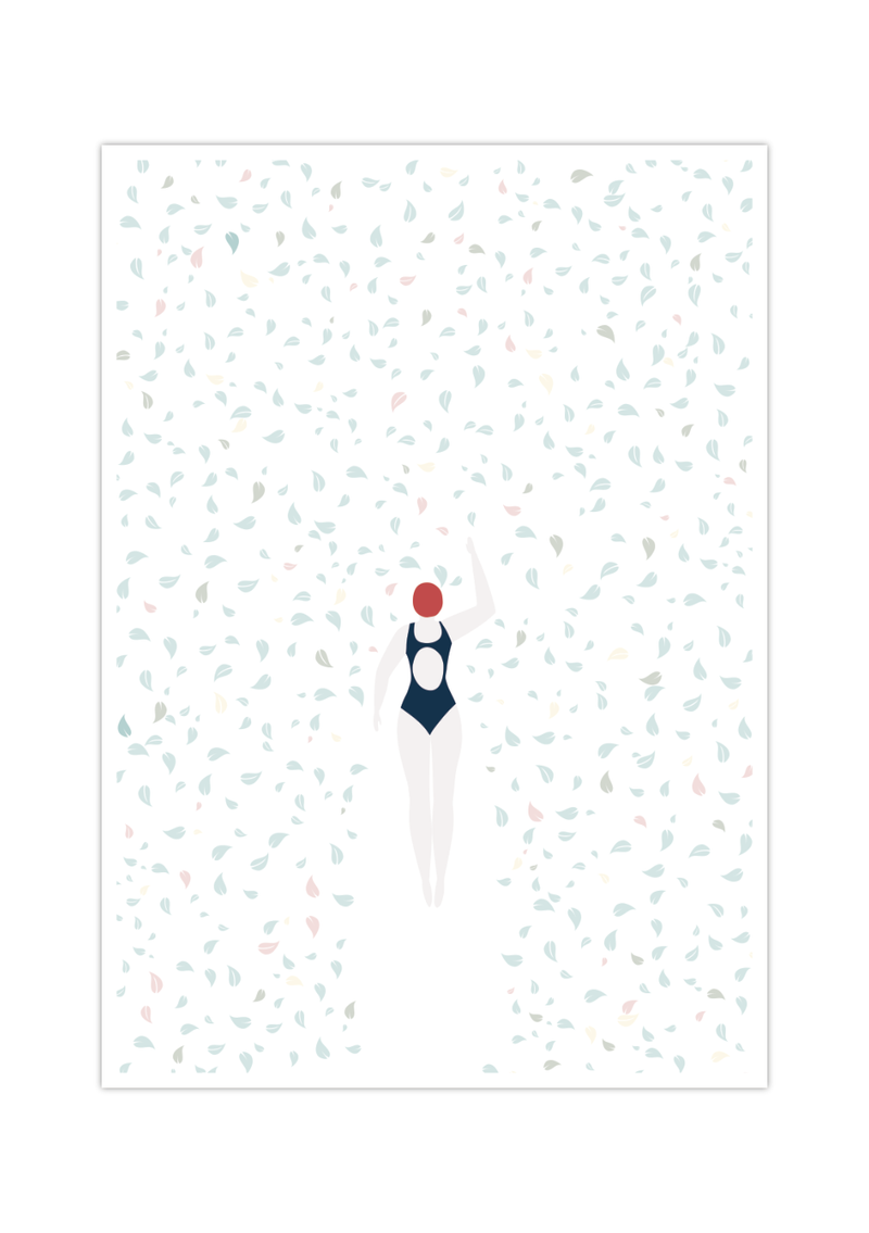 Dieses coole Poster zeigt dir eine schwimmende Frau in einem Meer von Blätter in verschiedenen Farben.