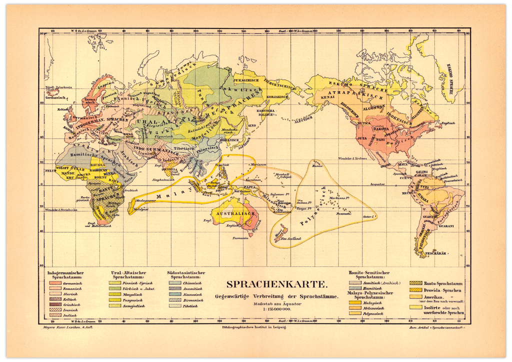 Das Poster einer Sprachkarte zur gegenwärtigen Verbreitung der Sprachstämme der Erde ist eine Vintage Lithographie aus Meyers Koversations-Lexikon aus dem Jahr 1890.
