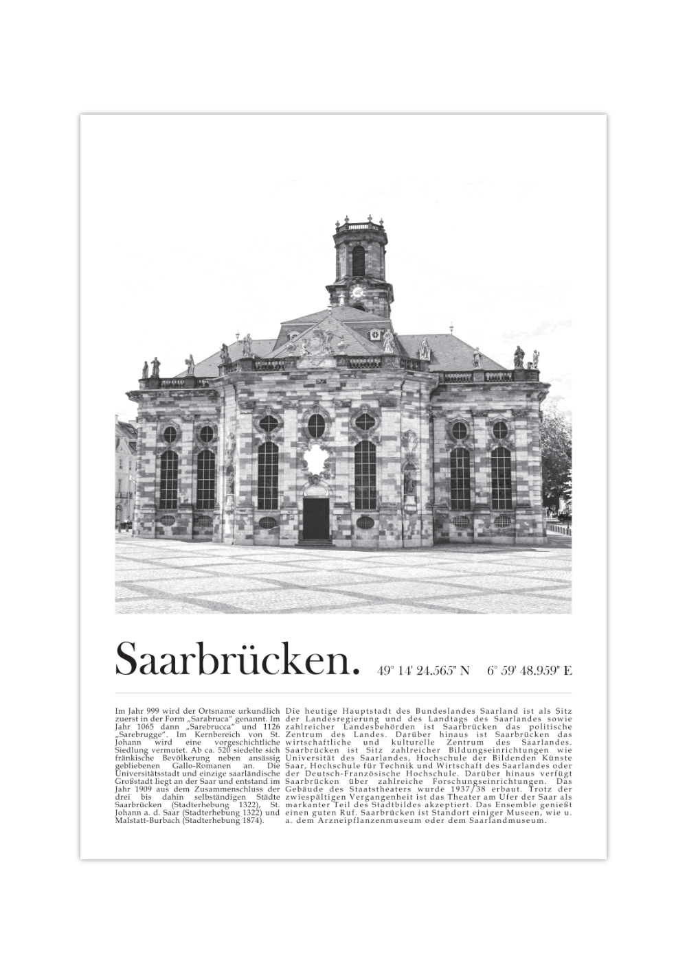 Dieses Poster zeigt die Saarbrücker Ludwigskirche, Dem Wahrzeichen der Landeshauptstadt des Saarlandes. 