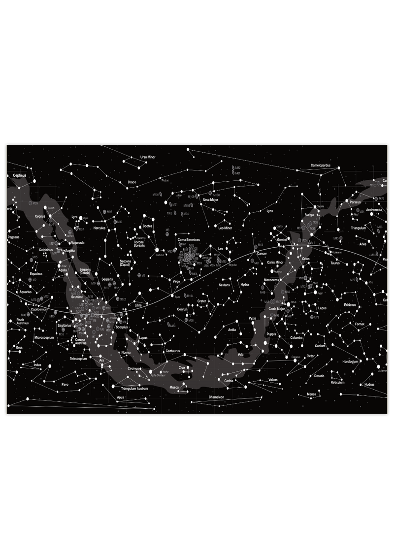 Tolles Poster einer Sternkarte. Hol dir diese Karte der Milchstraße mit Sternzeichen und Sternbildern in Schwarz/Grau.