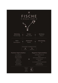 Dieses Bild zeigt dir das Sternzeichen Fische mit Symbol, Glückszahl, Planeten, positiven und negativen Eigenschaften und den zu dir passenden Sternzeichen.