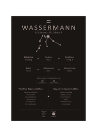Dieses Bild zeigt dir das Sternzeichen Wassermann mit Symbol, Glückszahl, Planeten, positiven und negativen Eigenschaften, den zu dir passenden Tierkreiszeichen und vieles mehr.