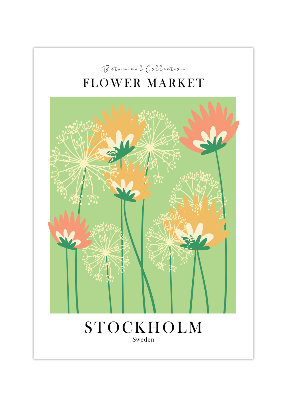 Das Poster ist ein fiktives Bild des Blumenmarktes in Stockholm, Schweden. In schönem Grün und Weiß ist es die perfekte Wanddeko für deine Küche oder Esszimmer.