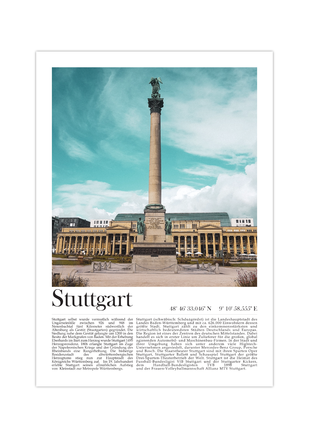 Dieses Poster zeigt dir den Schlossplatz der Landeshauptstadt Baden-Württembergs Stuttgart. 