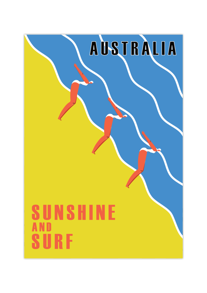 Dieses maritime Poster zeigt drei Schwimmerinnen an einem Strand in Gelb und Blau. 
