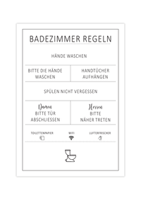 Dieses Badezimmer Poster zeigt dir Regeln für deine Toilette. Unterhalte deine WC-Gäste auch bei kleinen und großen Geschäften mit diesem lustigen Poster.