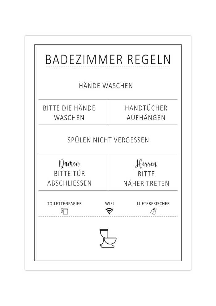 Dieses Badezimmer Poster zeigt dir Regeln für deine Toilette. Unterhalte deine WC-Gäste auch bei kleinen und großen Geschäften mit diesem lustigen Poster.