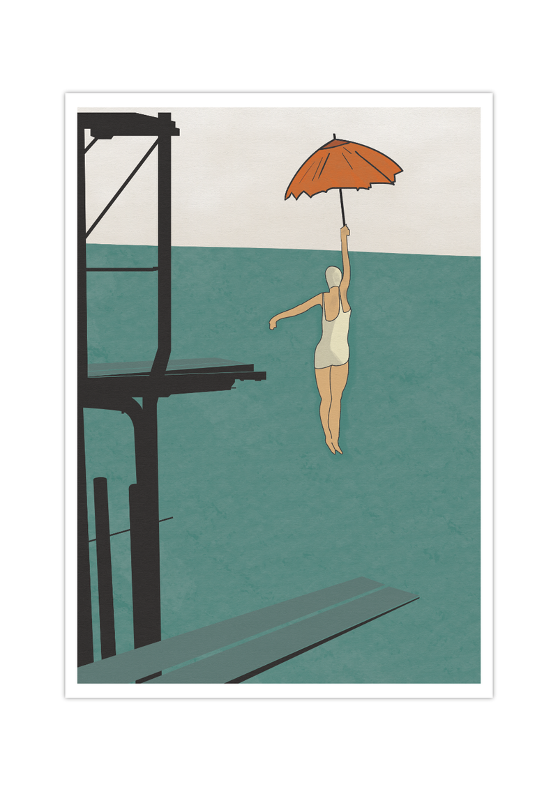 Das maritime Poster zeigt eine Turmspringerin mit einem Regenschirm, in alter Badekleidung. Das Poster in den Farben beige, blau und orange und gezeichnet im Vintage Stil.
