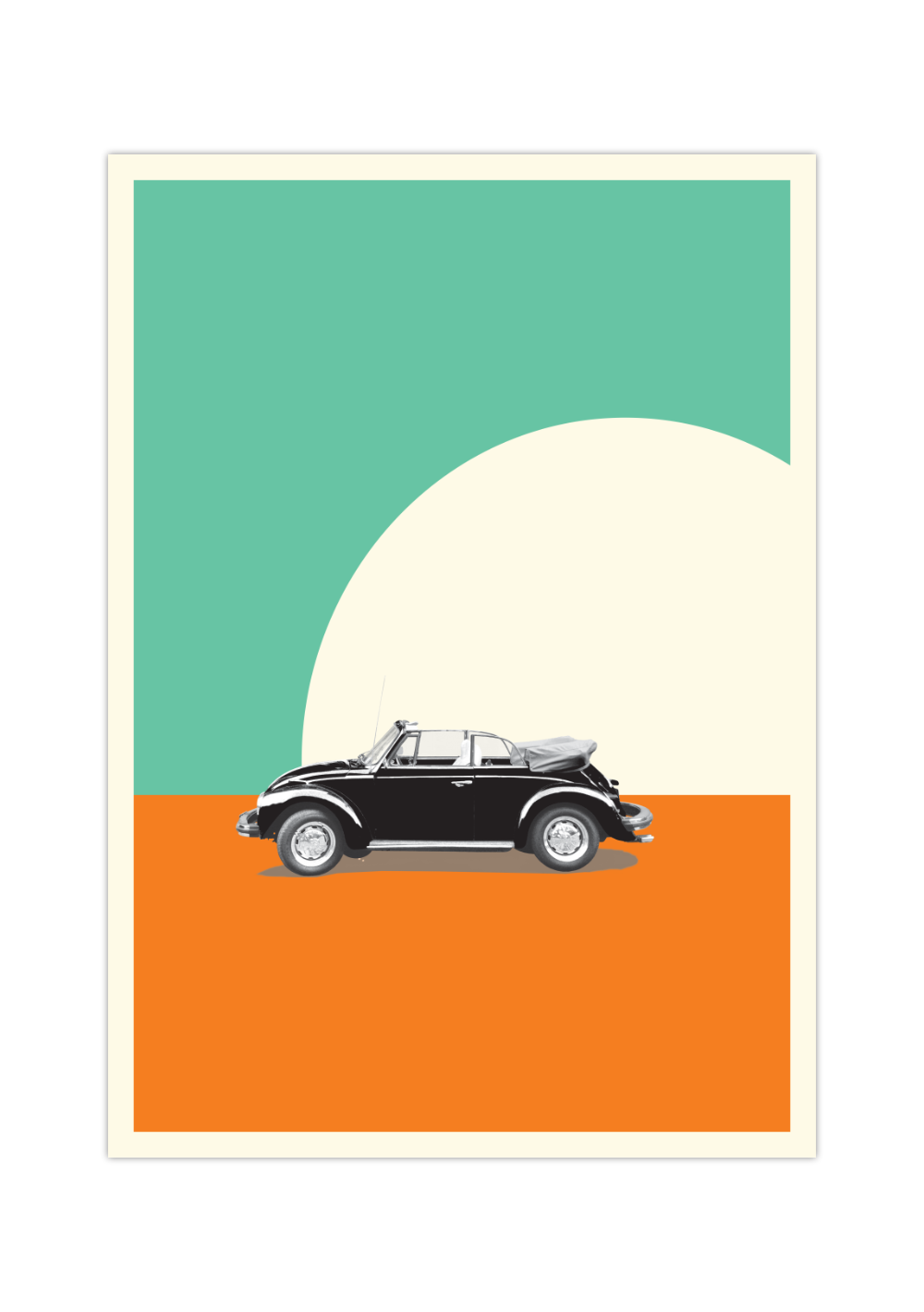 Das Poster zeigt dir ein Foto eines Schwarz/Weißen Oldtimer der an einem Strand mit Sonnenuntergang steht.