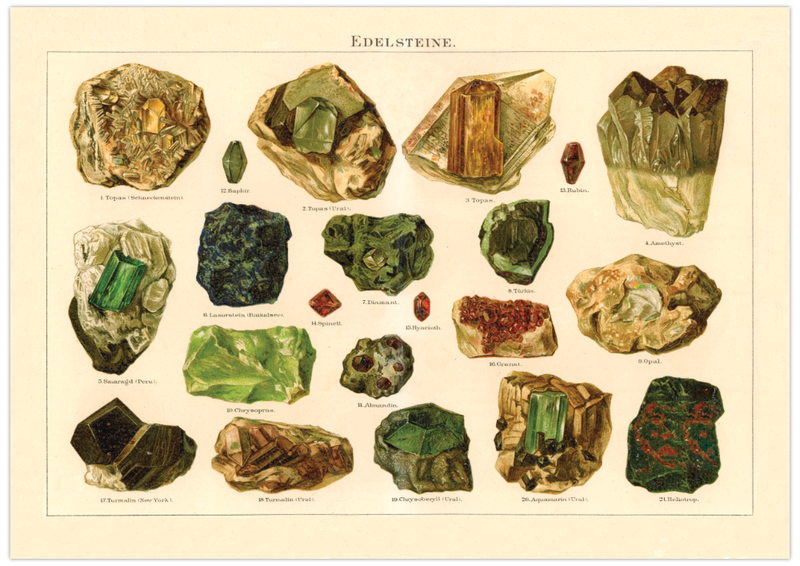 Das Poster von Kristallen ist eine Vintage Lithographie aus Meyers Koversations-Lexikon aus dem Jahr 1890 im viktorianischen Stil.