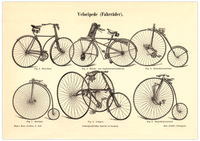 Das Poster von Fahrrädern (Velocipede) ist eine Vintage Lithographie aus Meyers Koversations-Lexikon aus dem Jahr 1890 im viktorianischen Stil.