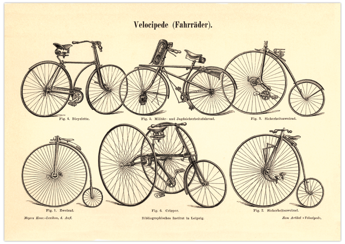 Das Poster von Fahrrädern (Velocipede) ist eine Vintage Lithographie aus Meyers Koversations-Lexikon aus dem Jahr 1890 im viktorianischen Stil.