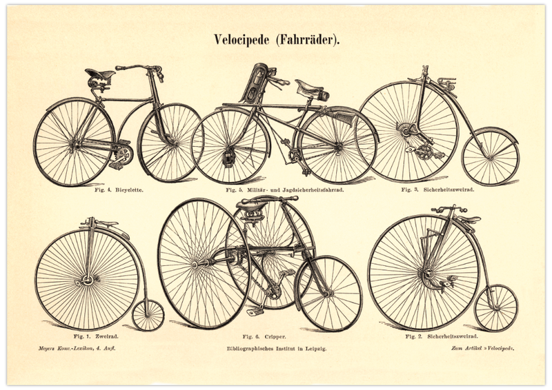 Das Poster von Fahrrädern (Velocipede) ist eine Vintage Lithographie aus Meyers Koversations-Lexikon aus dem Jahr 1890 im viktorianischen Stil.