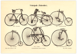 Das Poster von Fahrrädern (Velocipede) ist eine Vintage Lithographie aus Meyers Koversations-Lexikon aus dem Jahr 1890 im viktorianischen Stil.