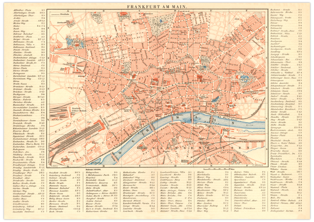 Das Poster einer Karte von Frankfurt am Main ist eine Vintage Lithographie aus Meyers Koversations-Lexikon aus dem Jahr 1890.