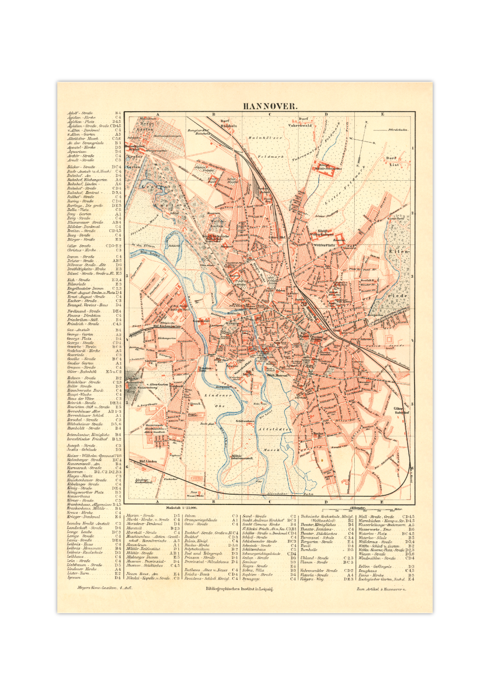 Das Poster einer Karte von Hannover ist eine Vintage Lithographie aus Meyers Koversations-Lexikon aus dem Jahr 1890. 