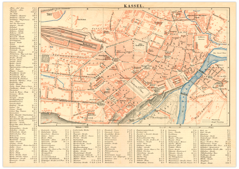 Das Poster einer Karte von Kassel ist eine Vintage Lithographie aus Meyers Koversations-Lexikon aus dem Jahr 1890