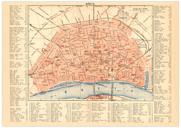 Das Poster einer Karte von Köln ist eine Vintage Lithographie aus Meyers Koversations-Lexikon aus dem Jahr 1890.