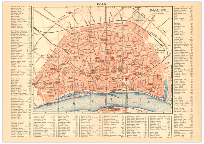 Das Poster einer Karte von Köln ist eine Vintage Lithographie aus Meyers Koversations-Lexikon aus dem Jahr 1890.