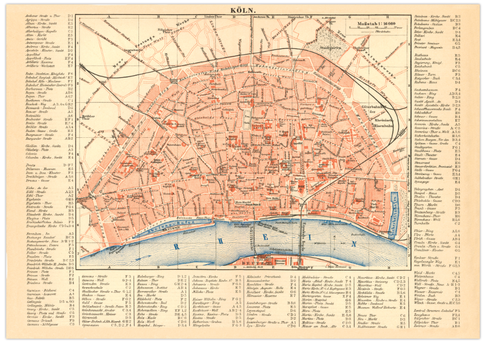 Das Poster einer Karte von Köln ist eine Vintage Lithographie aus Meyers Koversations-Lexikon aus dem Jahr 1890.