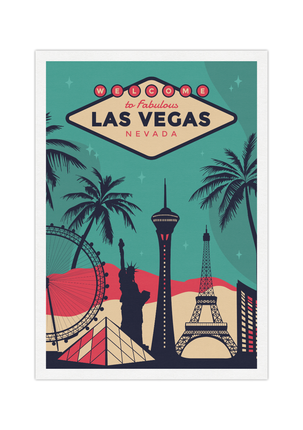 Das Vintage Poster der Stadt Las Vegas in Nevada, USA zeigt dir die Skyline von Vegas und deren typische Sehenswürdigkeiten.