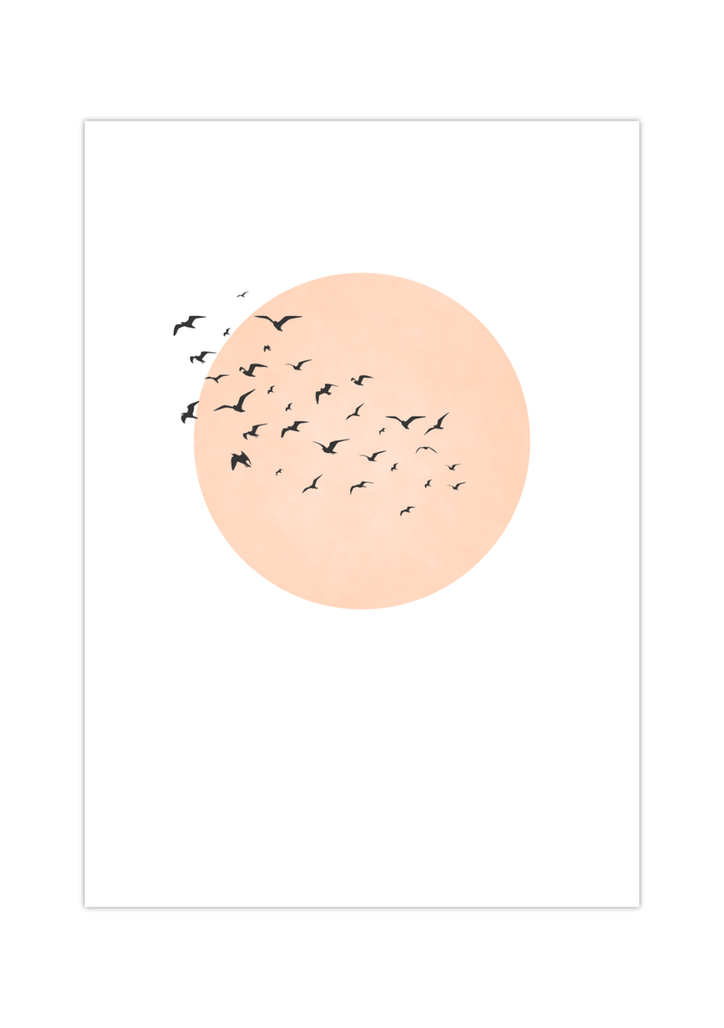 Dieses minimalistische Poster zeigt einen Vogelschwarm vor einer rosa oder einer grauen Sonne. 