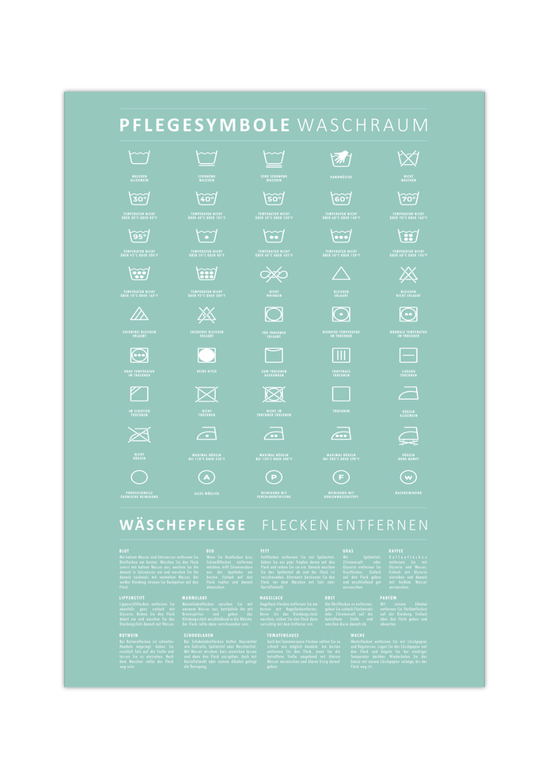 Das minimalistische schwarz/weiß Poster zeigt die verschiedenen Waschsymbole und Pflegesymbole, die dir beim Waschen der Kleidung begegnen. 