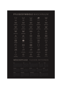 Das minimalistische schwarz/grau Poster zeigt die verschiedenen Waschsymbole und Pflegesymbole, die dir beim Waschen der Kleidung begegnen. 