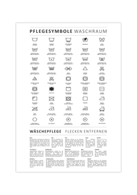 Das minimalistische schwarz/weiß Poster zeigt die verschiedenen Waschsymbole und Pflegesymbole, die dir beim Waschen der Kleidung begegnen. 