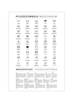 Das minimalistische schwarz/weiß Poster zeigt die verschiedenen Waschsymbole und Pflegesymbole, die dir beim Waschen der Kleidung begegnen. 
