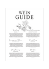 Das Poster zeigt dir einen Weinguide oder Weinführer in schwarz und weiß. Der Guide zeigt drei weiße Rebsorten (Riesling, Sauvignon Blanc, Chardonnay) und drei rote Rebsorten (Cabernet Sauvignon, Pinot Noir, Merlot).