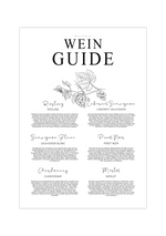 Das Poster zeigt dir einen Weinguide oder Weinführer in schwarz und weiß. Der Guide zeigt drei weiße Rebsorten (Riesling, Sauvignon Blanc, Chardonnay) und drei rote Rebsorten (Cabernet Sauvignon, Pinot Noir, Merlot).